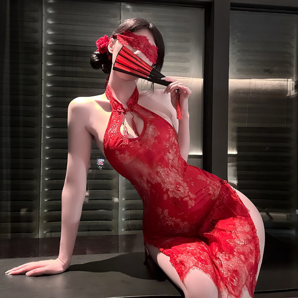 Elegant red lace qingshe lingerie featuring a sensual split design, perfect for women seeking luxury and modest elegance.