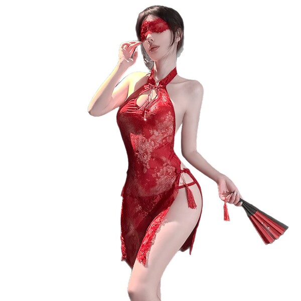 Elegant red lace qingshe design with sensual allure, featuring a split qipao style for pure elegance and modesty. perfect lux...