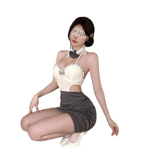 Woman in qingshe ol secretary lingerie set with lace bra, gray skirt, and blindfold, posing elegantly.