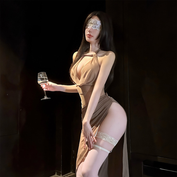 Woman in qingshe sensual lingerie set with hook-and-loop neckline, holding wine glass, wearing lace eye mask and thigh-high s...