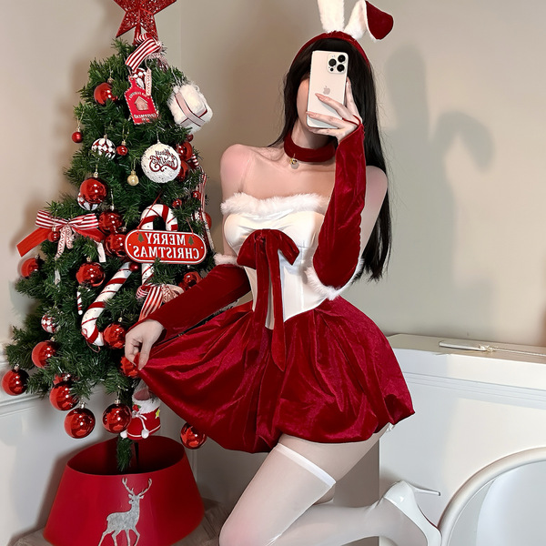 Qingshe sexy christmas bunny girl costume set - seductive holiday lingerie outfit, featuring a festive red and white ensemble...