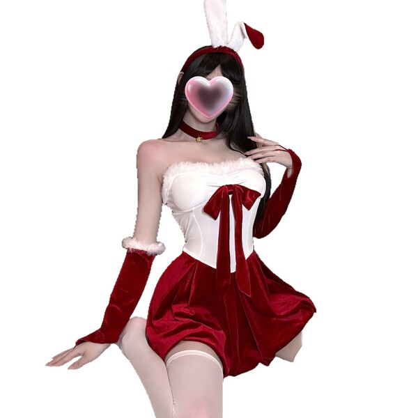 Qingshe sexy christmas bunny girl costume set - seductive holiday lingerie outfit, featuring a red velvet dress with white fu...