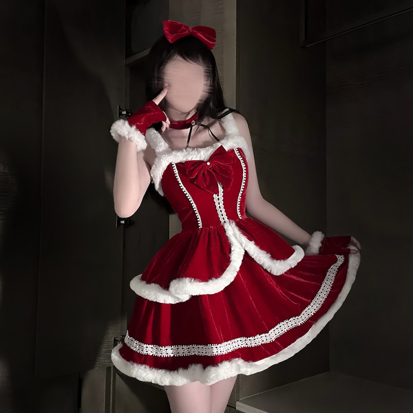 Red christmas dress with white fur trim, featuring a bow headband and matching top, perfect for festive new year party outfit...