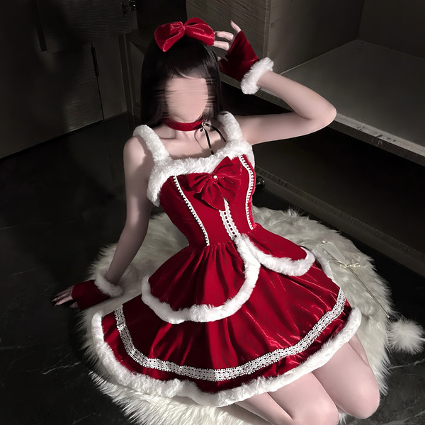 Red christmas dress with white fur trim, featuring a bow and strap top, perfect for new year party outfits.