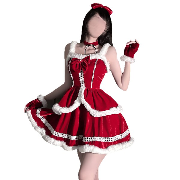 Red christmas dress with white fur trim, featuring a bow and lace details, perfect for festive occasions.