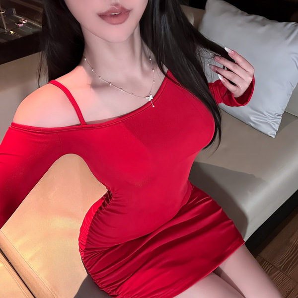 Red off-shoulder dress featuring side waist drawstring, perfect for new year eve nightwear with vibrant feminine style.
