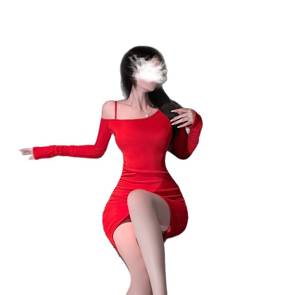 Elegant red off-shoulder dress featuring side waist drawstring, perfect for new year eve nightwear with vibrant feminine styl...