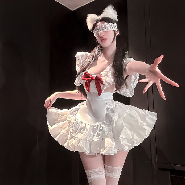 Qingshe soft cute lingerie set - bowknot maid-inspired pure & tempting lolita erotic underwear for women, featuring a white d...