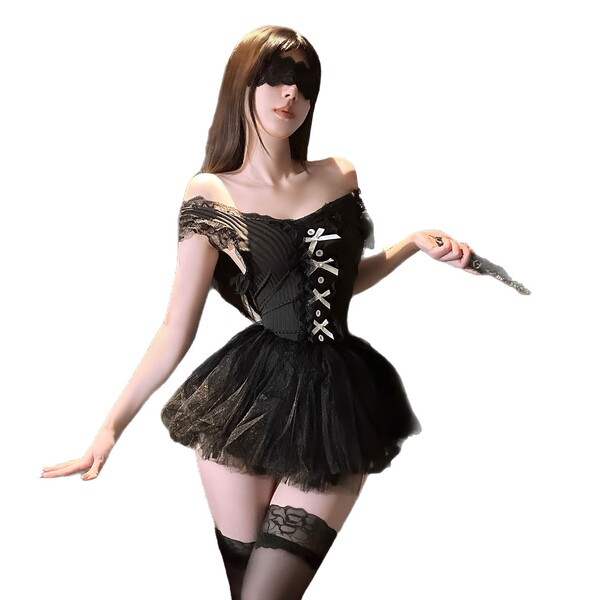 Elegant black lace teddy dress with off-shoulder design, featuring sheer stockings and a mask, perfect for seductive allure.
