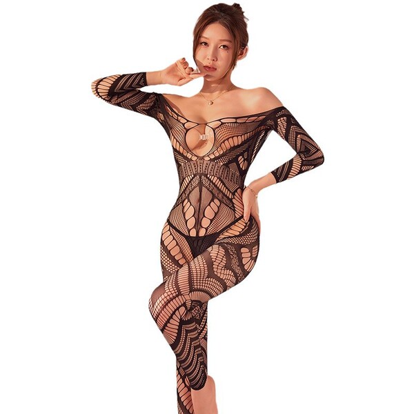 Woman modeling black sheer lace bodysuit with long sleeves and open-crotch design.
