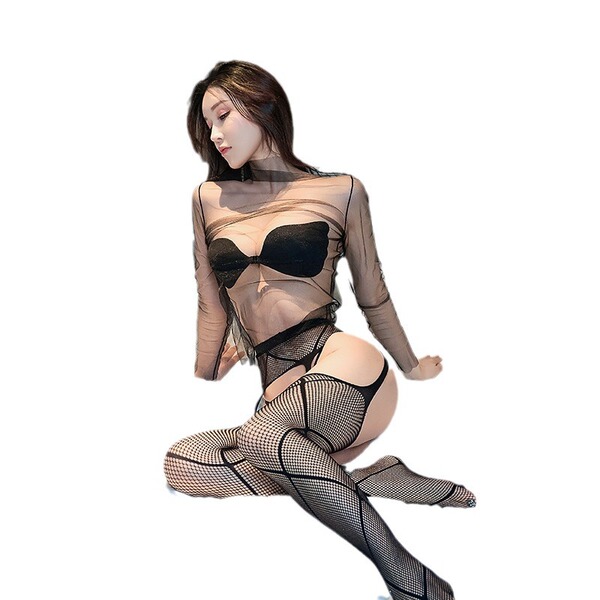Qingyeguo sexy lingerie featuring sheer lace thigh-high stockings with open-crotch design, perfect for intimate wear.