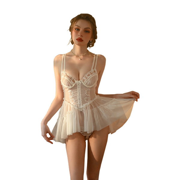 Woman wearing qinmu sexy lace lingerie set with sheer mesh cami and briefs, elegant transparent sleepwear.