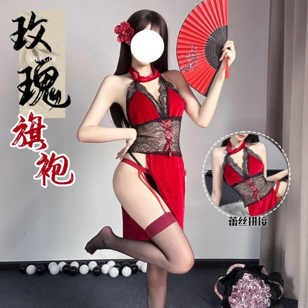 Exotic Lace Sheer High-Waist Split Cheongsam Costume Set - Rose Dancer Erotic Lingerie Outfit - Image Set: Cheongsam + Thong