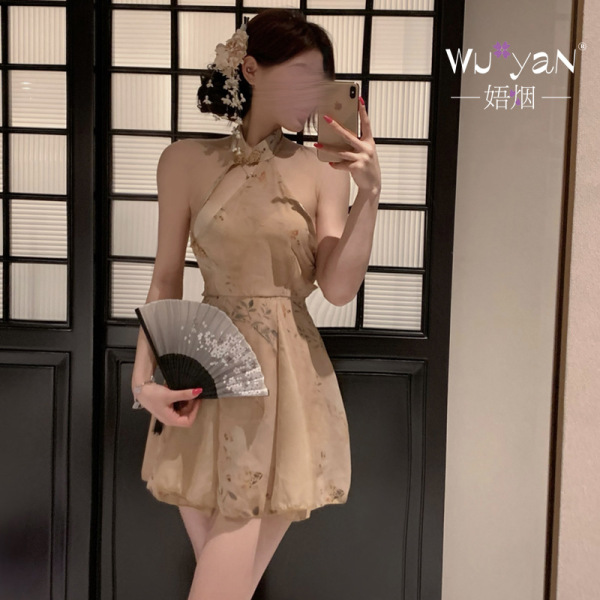 Seductive Qipao Lingerie Set - Forbidden Allure Silk Sleepwear for Couples, Romantic & Sensual Outfit - Cheongsam [Cheongsam + T-shirt + Black open-crotch stockings]