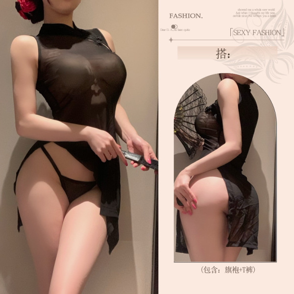 Qqny Forbidden Elegance Lace Cheongsam Lingerie Set – Sensual Open-Crotch Sleepwear for Couples - Cheongsam + Black Open Crotch Stockings