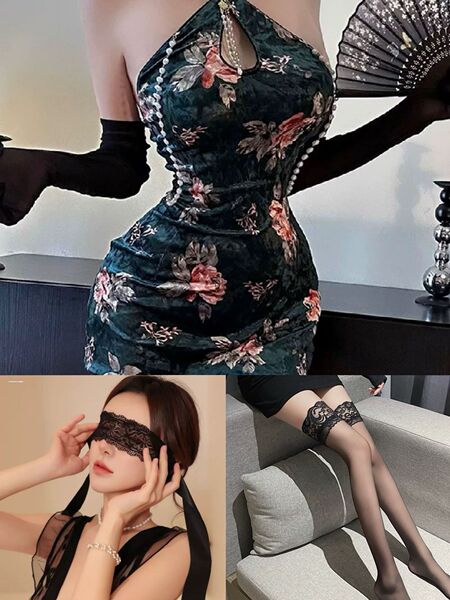 Plus Size Seductive Cheongsam Lingerie Set - Vintage Chinese Style Bodycon Sleepwear with Pearl Embellishment TR088 - Cheongsam + Black Stockings + Eye Mask + Gloves