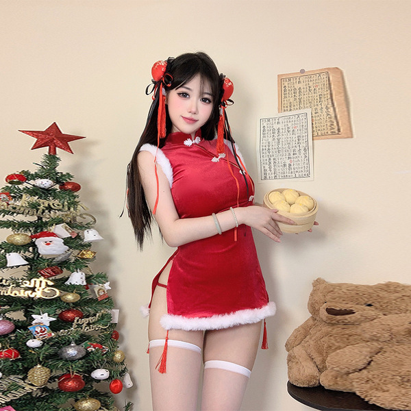 Christmas Cosplay Costume Lingerie Velvet Nightgown Set - Sexy Role Play Sleepwear for New Year Eve - 9845 [Single Cheongsam]