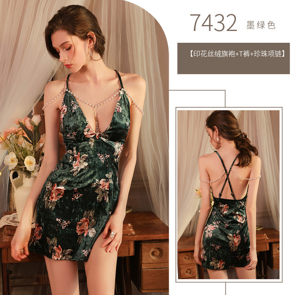 Vintage-Inspired Pearl-Embellished Cheongsam Dress – Seductive No-Undress Bedtime Slip Dress for Women - cheongsam