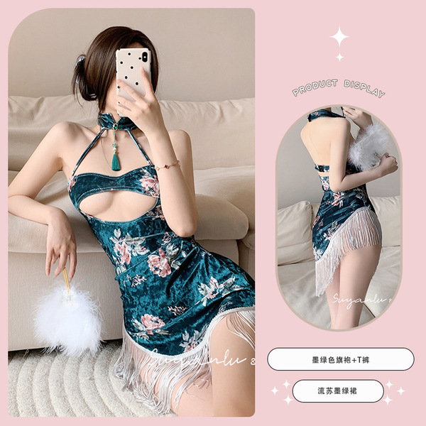 FANRUO Vintage Silk Velvet Qipao Lingerie - Floral Print Seductive Bodycon Dress with Tassels & Flirty Slit - Green [cheongsam + T-shirt + knee-length white strapless top]
