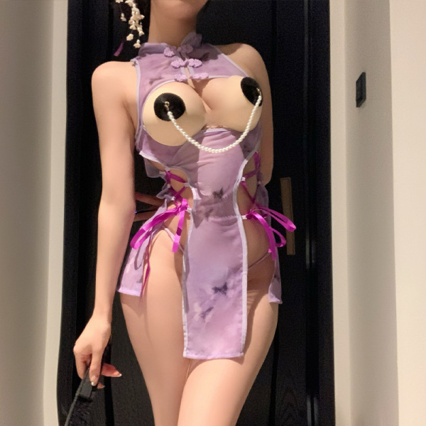 QQNY Silk-Look Sensual Lingerie Set – Pure-Yu Style Cheongsam-Inspired Sexy Sleepwear & Roleplay Outfit - Cheongsam [Purple Cheongsam + T-shirt] + Nipple Covers +