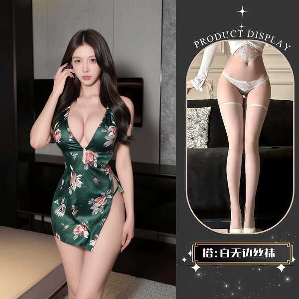 QQNY Pure Allure Sleepwear Set – Elegant Sensual Lingerie for Women, Luxury Bedroom Wear - Cheongsam nightgown + white stockings