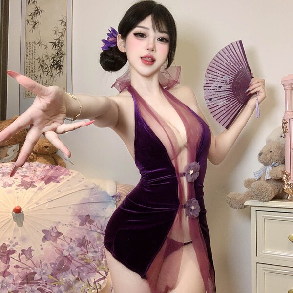 Purple Velvet Cheongsam Lingerie Set - Sexy Sheer Backless Sleepwear, No-Remove Design for Effortless Elegance - Purple [cheongsam + T-shirt + white open-crotch socks]