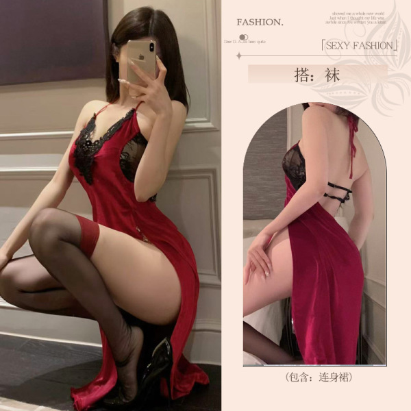 Seductive Abstinence Style Lingerie Set for Women – Sexy Sleepwear & Couples Roleplay Costume by QQNY - Cheongsam [Cheongsam + T-shirt] + White Stockings