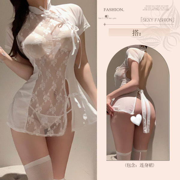 Seductive Qipao Lingerie Set - Forbidden Elegance Sleepwear for Couples, Sexy Silk-Feel Romantic Outfit - Cheongsam [Cheongsam + T-shirt] + White Stockings
