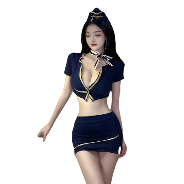Woman wearing navy blue airline-style lingerie set with mini skirt, cropped top, and hat – sexy flight attendant costume for ...