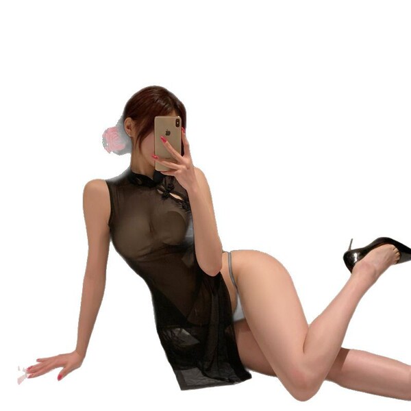 Woman posing in black sheer lace cheongsam lingerie with open-crotch design, high heels, and rose hair accessory — sensual sl...