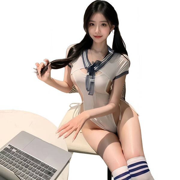 Woman in qqny pure allure lace sleepwear set, elegant sensual nightwear with soft fabric, posing by laptop.