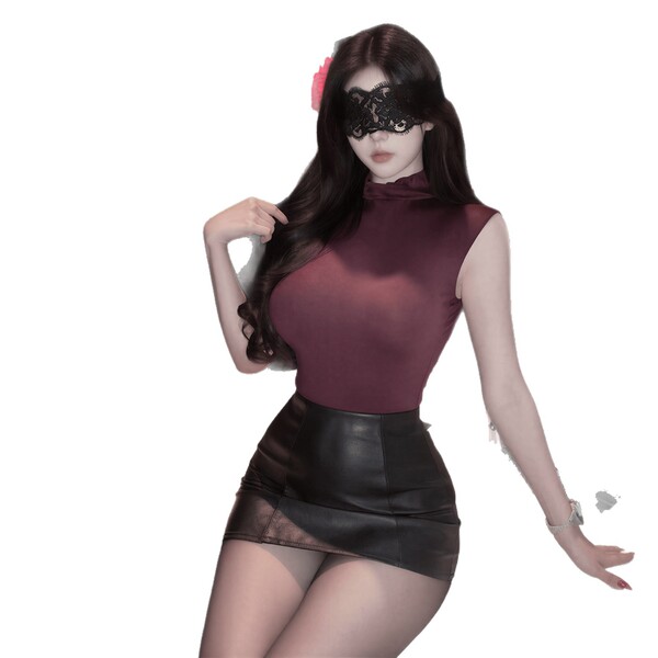 Woman wearing qqny pure allure lingerie set – elegant burgundy top and black leather skirt, sensual sleepwear.