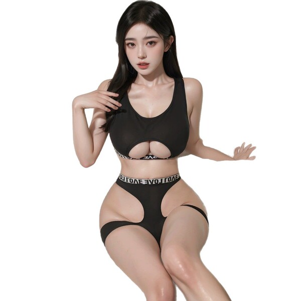 Black qqny pure allure sleepwear set – elegant sensual lingerie for women, featuring cutout design and luxury bedroom wear st...