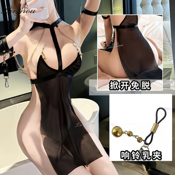 Elegant seductive black sheer sleepwear set with adjustable clasp, luxurious design for intimate nightwear.