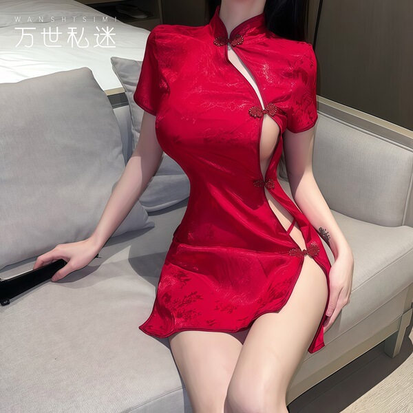 Elegant red dress with intricate buttons, stylish design for womens sleepwear, luxurious feel.