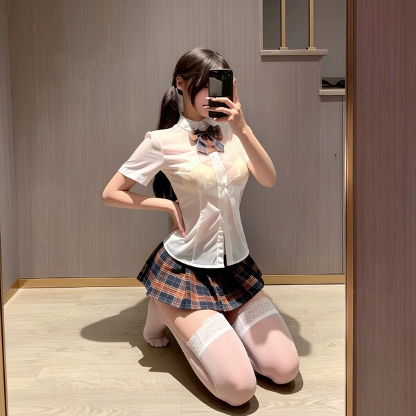 A woman poses in a mirror wearing a stylish white blouse with a bow tie, paired with a plaid skirt and lace stockings, showca...