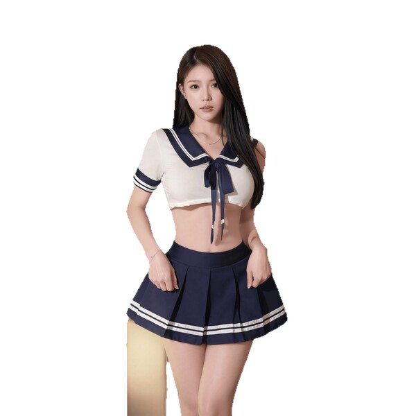 Elegant sailor-style sleepwear set featuring a cropped top with a sailor collar and pleated skirt, perfect for feminine night...