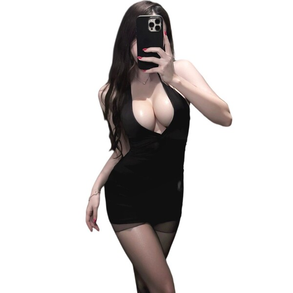 Elegant black dress with plunging neckline, perfect for intimate nightwear. stylish design enhances allure.