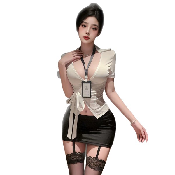 Elegant woman wearing qqny pure allure sleepwear set – a sensual lingerie with lace stockings and stylish top.