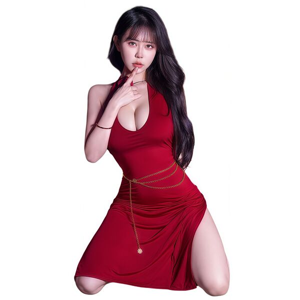 Woman wearing qqny pure allure sleepwear set, elegant red lingerie with gold chain detail, sensual luxury bedroom wear.