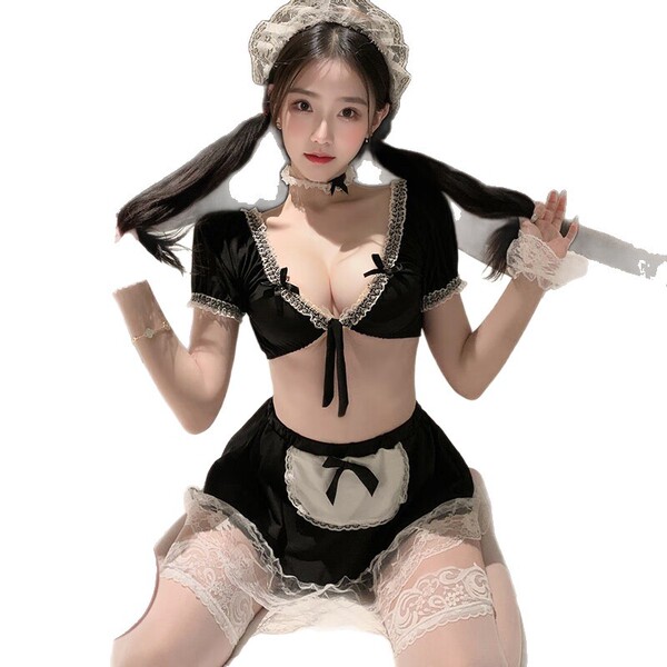 Woman in black lace-trimmed qqny pure allure sleepwear set with apron, stockings, and headpiece — elegant seductive lingerie.