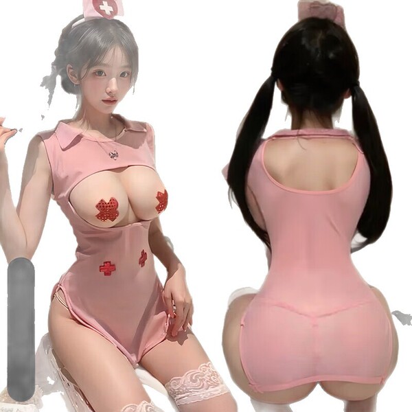 Pink nurse-themed lingerie set with lace trim and red cross details, shown front and back on model.