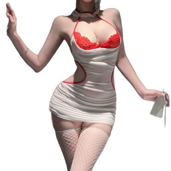 Woman wearing qqny pure allure white dress with red lace trim and fishnet stockings, elegant seductive lingerie set.