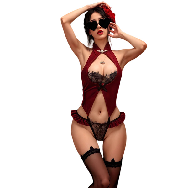 Woman wearing qqny pure allure sleepwear set – elegant red lingerie with black lace, heart-shaped sunglasses, and thigh-high ...