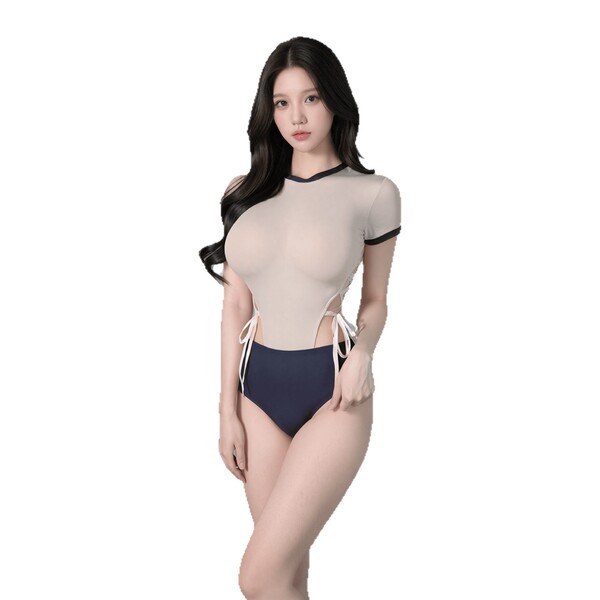 Woman modeling qqny pure allure sleepwear set – elegant sheer top with navy high-waist briefs, sensual luxury loungewear.