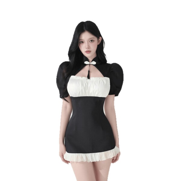 Elegant black and white dress with puffed sleeves and ruffled hem, perfect for sensual sleepwear or luxury loungewear.