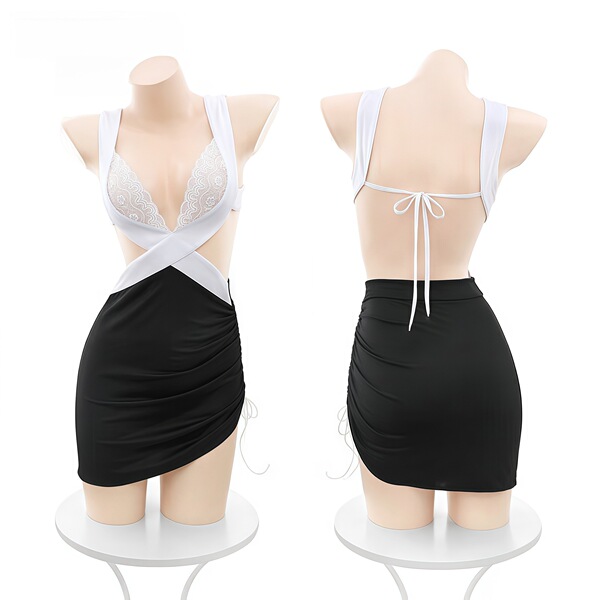 Elegant sensual lingerie set featuring a black mini skirt paired with a white lace bralette, perfect for luxury bedroom wear.