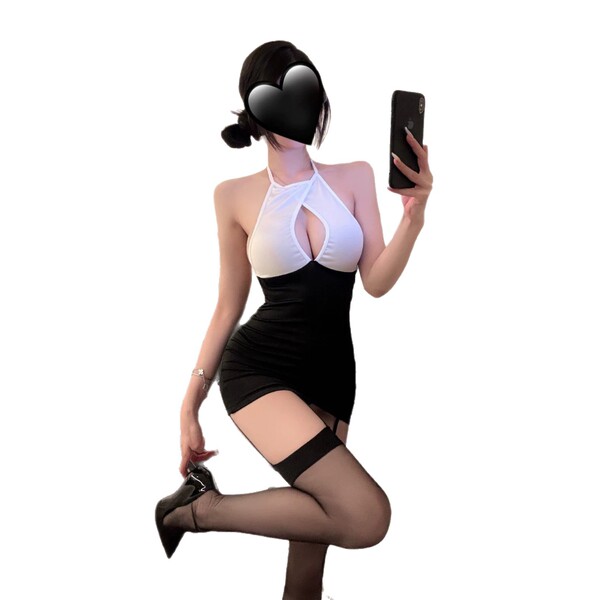 Elegant black and white dress with plunging neckline, perfect for intimate nightwear. features thigh-high stockings and styli...