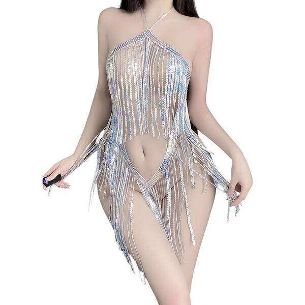 Elegant sensual sequined sleepwear set featuring halter neck design and flowing fringe details, perfect for luxury bedroom we...