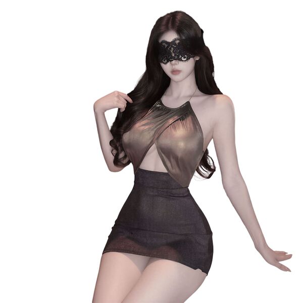 Elegant sensual design featuring sheer fabric and lace mask, perfect for luxury bedroom wear.